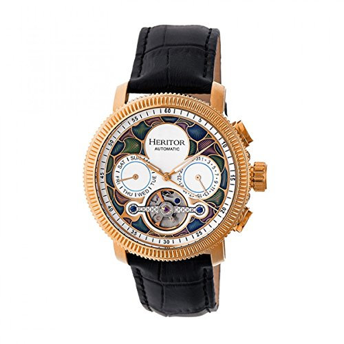 HERITOR Aura Automatic Watch for Men – 44mm Men's Skeleton Watch with Jeweled Automatic Movement, 316L Stainless Steel Case, Sapphire-Coated Mineral Crystal, Leather Strap (HERHR3506) - Rose Gold/White