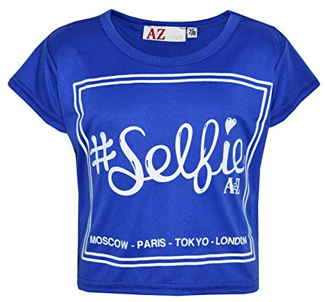 Girls Top Kids #Selfie Print Stylish Fahsion Trendy T Shirt Crop Top 7-13 Years Royal Blue