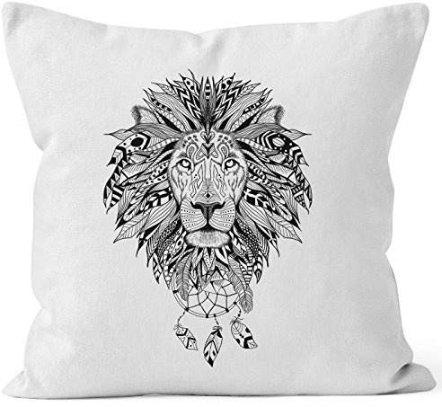 Autiga Kissenbezug Kissen-Hülle Löwe Lion Ethno Atzekenmuster Boho Atzec Federn Traumfänger Dreamcatcher Deko-Kissen 40x40 Baumwolle weiß 40cm x 40cm