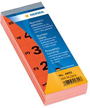 HERMA 4892 Nummernblock Zahlen 1-500, doppelt, 500 Stück, 56 x 28 mm, selbstklebend, matt, 2fach fortlaufende Papier Nummernetiketten Zahlenetiketten Anlagenummern, rot