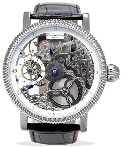 Eichmüller Herren Uhr 8218/01, Mechanisches Skelettuhr, Handaufzug, Edelstahlgehäuse, Mineralglas, 5 Atm, Dezentrale Sekunde, 42 mm, 12 mm, Schwarz, Lederarmband, Schnalle