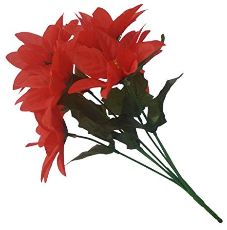 6 x Xmas Artificial Silk Flower Poinsettia Christmas Bunch Bush - RED (7 Heads Per Bunch)