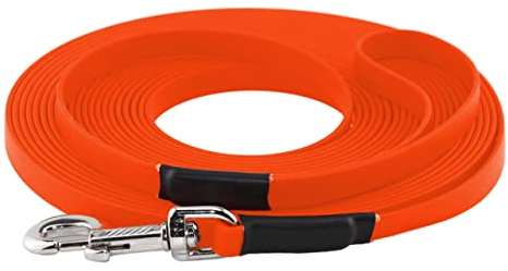 LENNIE BioThane Schleppleine, 10m mit Handschlaufe, Neon-Orange, 16mm für große Hunde, genäht
