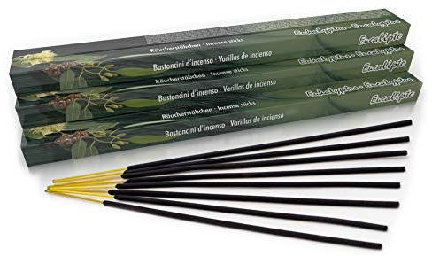 Premium Räucherstäbchen Eukalyptus: natürlich traditionell aus Indien in fairer Herstellung. Großpackung mit 10 Boxen = 80 Stück je 45min. Ideal im Garten