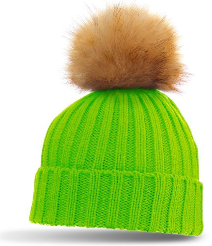 Caspar Damen klassische Winter Mütze/Strickmütze mit großem Fellbommel - viele Farben, Farbe:neon grün