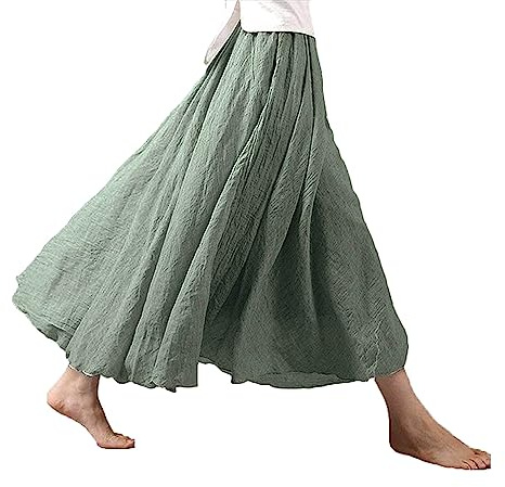 ASHER FASHION Women's Bohemian Style Elastic Waist Band Cotton Linen Long Maxi Skirt Dress (95CM, Light Green)