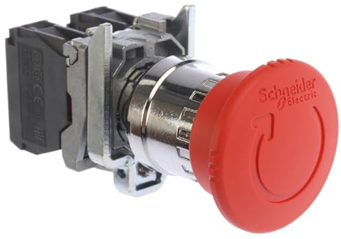 Schneider Electric Harmony XB4 - Emergency Stop Push Button Switch, Metal, 40 mm Mushroom, Trigger Latching Turn to Release, 1NO + 1NC, 22 mm Mount, XB4BS8445, Red