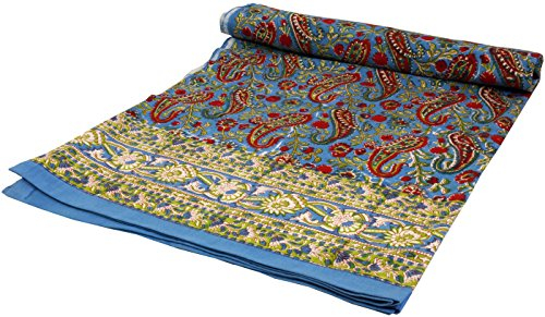 GURU SHOP Blockdruck Tagesdecke, Bett & Sofaüberwurf, Handgearbeiteter Wandbehang, Wandtuch - Design 23, Blau, Baumwolle, Größe: Single 150x200 cm, Tagesdecken mit Blockdruck