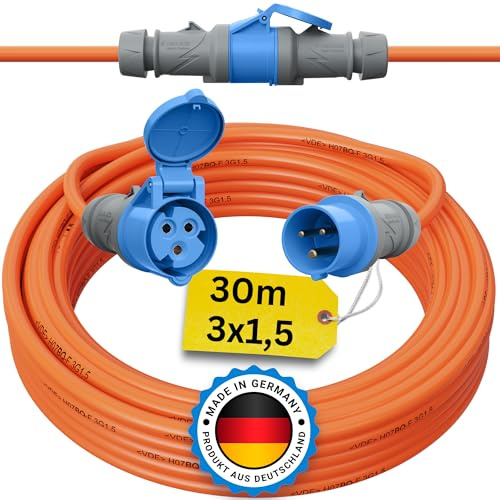 Camping Kabel 30 Meter CEE Verlängerungskabel 30m Außen H07BQ-F 3x1,5 Strom Wohnwagen Landstromanschluss Wohnmobil Caravan Orange Verlängerung Stromkabel Verlaengerungskabel Outdoor