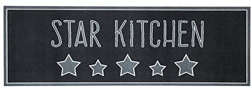 Zala Living Cook & Clean Läufer – rutschfest Teppichläufer Flachgewebe Kurzflor Teppich Küchenteppich Waschbar Küchenläufer Star Kitchen für Flur, Küche, Wohnzimmer – Schwarz Grau, 50x150cm