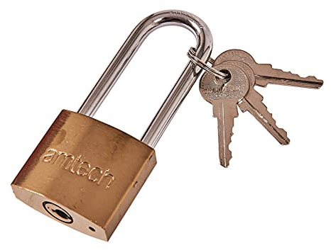 Amtech – Long Shackle Padlock, Brass-Plated Body with 6mm Hardened Steel Shackle, 3 Keys, for Gates, Sheds & Chains, 38mm