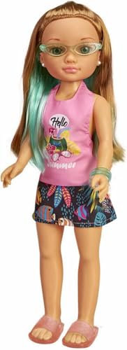 Nancy – Gafas Tropicales Morena, muñeca nancy un día en la playa, jugando hacer peinados con mechas de colores rosas, con ropa y accesorios, para niñas y niños a partir de 3 años. FAMOSA (700016732)