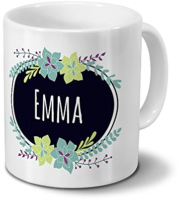 printplanet Tasse mit Namen Emma - Motiv Flowers - Namenstasse, Kaffeebecher, Mug, Becher, Kaffeetasse - Farbe Weiß