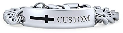 Bling Jewelry Gravierbares Herrenarmband Mit Seitlichem Kreuz Und Namensschild Für Männer Aus Edelstahl In Silberton Individuell Graviert