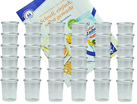 MamboCat 36er Set Weckgläser Sturzglas 160 ml I Original Weck Sturzglas Dessertglas I Einweckgläser für Kuchen Gelees UVM I Sturzgläser ohne Deckel inkl. Diamant-Zucker Gelierzauber Rezeptheft