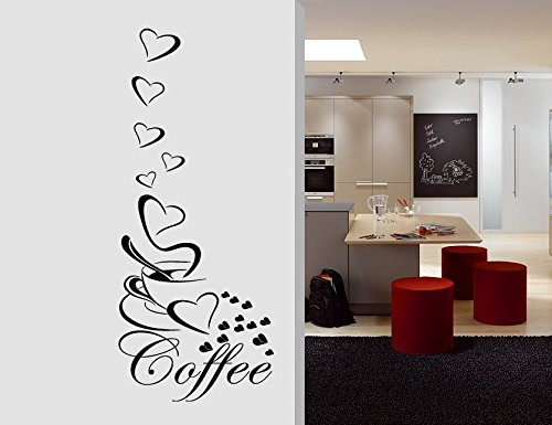 Wandtattoo wandaufkleber Aufkleber Wandsticker wall sticker Wohnzimmer Schlafzimmer Kinderzimmer KÜCHE 30 Farben zur Wahl Wandtext Wandwort Wandspruch spruch Zitat Küche Schriftzug CAFE COFFEE KAFFEE KÜCHE Herz wkf11(070 schwarz, Größe1:ca.60x30cm )
