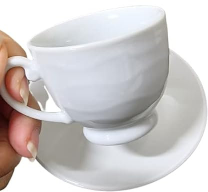 Jeu de 6 tasses à café avec soucoupe céramique blanche design ondulé - Jeu moderne de café - Ensemble de tasses pour expresso, café solo, coupe