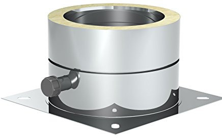 Schornstein - Grundplatte DW doppelwandig für Sockelmontage mit 1/2“ Außennippel, Verschlusskappe und Kondensatablauf seitlich; Innen/Außen je 0,5 mm Wandstärke; Ø 250mm Innendurchmesser, Edelstahl