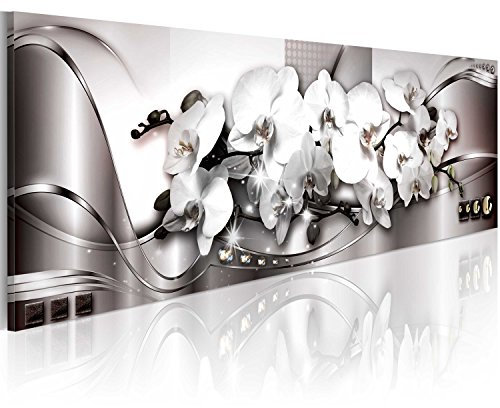 B&D XXL - Tableau décoratif nature 135x45 cm - Impression sur toile en noir et blanc - Décoration murale pour salon et chambre - Gris noir - Fleurs nature orchidées plantes b-A-0086-b-d