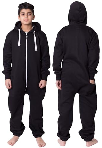 Unisex Kids Girls Boys Plain Colour Fleece Hooded Onesie 11-12 years Black