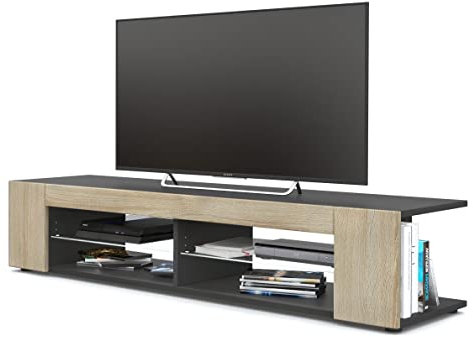 Vladon Lowboard Movie, TV-Kommode mit 4 offenen Fächern und Zierleisten, Schwarz matt/Eiche Sägegrau (134 x 29 x 39 cm)