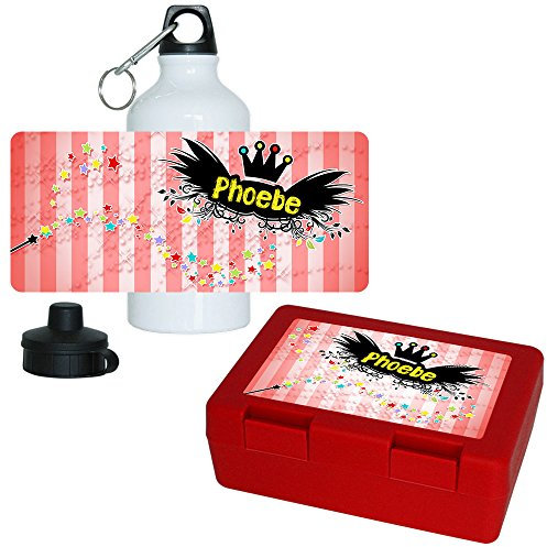 Eurofoto Brotdose + Trinkflasche Set mit Namen Phoebe und Zauber-Motiv mit Sternen für Mädchen | Aluminium-Trinkflasche | Lunchbox | Vesper-Box
