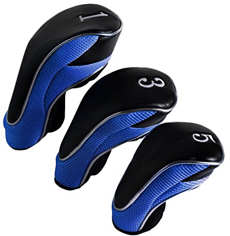 Andux Golf Club 460cc Driver Fairway Wood Head Covers with Hook & Loop Set of 3 (Black/Blue)
