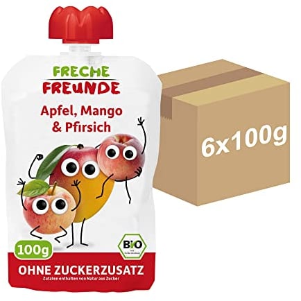 FRECHE FREUNDE Bio Quetschie Apfel, Mango & Pfirsich, Fruchtmus mit Obst im Quetschbeutel für Babys ab dem 6. Monat, vegan, 6er Pack (6 x 100g)