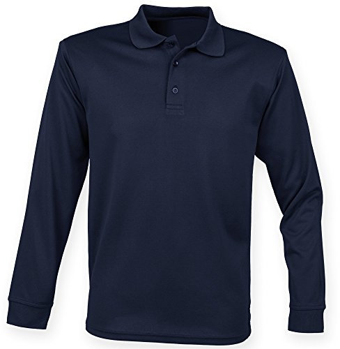 Henbury Mens Coolplus Moisture Wicking Long Sleeve Polo Shirt (XXL) (Navy)