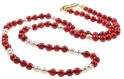 c-c Damen Edelstein Kette Natur Koralle - Rot und Zuchtperlen - Weiß/Gelb Gold 14Karat / Länge 47cm
