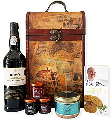 Dows Port 75cl with Nibbles Food Hamper Presented in a Vintage Style Wine Carrier - Ideas for Birthday, Valentines, Father's Day, Anniversary, Business, Corporate & Congratulations