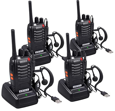eSynic 4PCS Walkie Talkies de Larga Distancia con Auriculares Walkie-Talkie Profesional 16 Canales 1500mAh con Cargador USB Soporta VOX para Sobrevivir en el Campo Ciclisimo