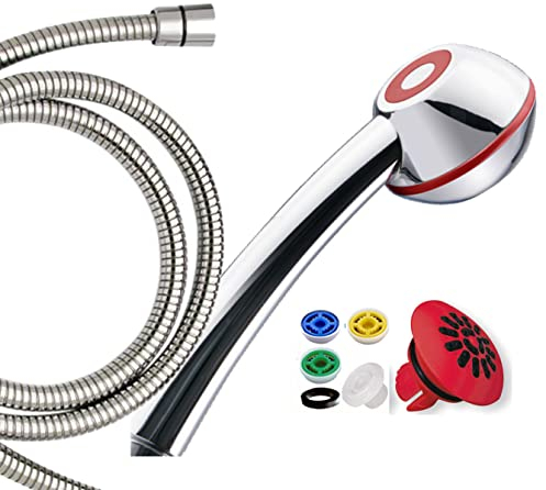 Duschkopf mit Schlauch aus Edelstahl, SwissClima RED/INOX PREMIUM: 175-200-cm-Brauseschlauch, Brause z.Wassersparen od.Druckerhöhen, Sportstrahl, Regenstrahlaufsatz, 3 Regler 4-11 l/min