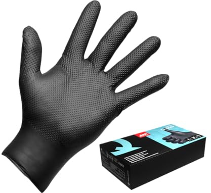 APP Quartz Q-GRIP Guanti Monouso in Nitrile Neri 8 mil Ultra Spessi, 50 Pezzi | Texture Diamante Antiscivolo, Senza Polvere, Polsino Arrotolato, Alta Protezione Chimica e Meccanica