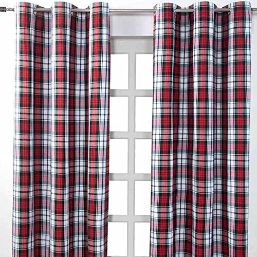 HOMESCAPES Pair of 100% Cotton Curtains - Macduff Tartan Check - Red Green White - 117 x drop 137 cm - 54 Inch Drop - Eyelet Ring Top Hand Woven - Heavy Not Lined