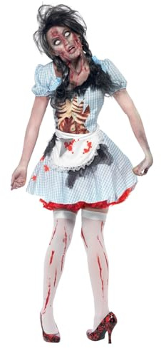 Smiffys Horror Zombie Countrygirl Costume, Blue Dress with Latex Chest Piece and Apron, Halloween Zombie Alley Fancy Dress, Zombie Dress Up Costumes