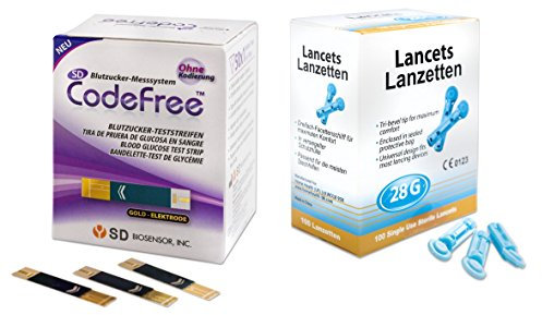 Vorteilspack - SD CodeFree Blutzuckerteststreifen, 50 Stk. + 100 Blutlanzetten Gr. 28G
