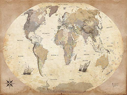 1art1 Karten Poster Weltkarte, Old Style, In Englisch Kunstdruck Bild 80x60 cm