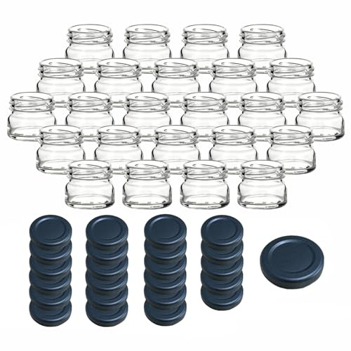 gouveo 24er Set Einmachgläser 30 ml (0,03 l) Mini mit Twist-Off-Schraubverschluss schwarz-matt – kleine Vorratsgläser und Probiergläser aus Klarglas TO 43 (EGR030SZBS)
