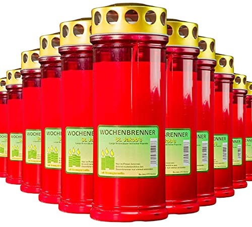 St. Jakob´s Kerzen - Grabkerzen in Rot mit Golddeckel - 24 STÜCK Grablichter mit Deckel - 7 Tage Wochenbrenner Grabkerzen - Friedhofskerze