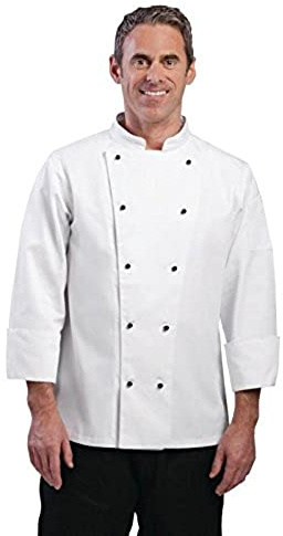 Whites Chicago Unisex Chef Jacket Long Sleeve White, Size M - Easy Clean, Double-Stitched Restaurant Uniform, Workwear DL710-M | Double-breasted front shields from hot spills, with black stud buttons and a sleeve pocket for kitchen storage.