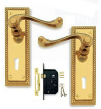 Georgian Polished Brass Plate Door Handles Lever Lock & Bathroom Discount Hardware UK (Door Lock Pack)