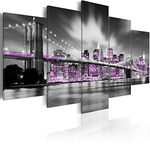 B&D XXL - Wandbilder XXL Skyline Manhattan 200x100cm 5 tlg - Wand Deko Leinwand Bilder Groß Wanddeko Wohnzimmer Schlafzimmer Kunstdrucke - New York City in der Nacht Panorama