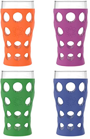 Lifefactory 340400 20-Ounce Indoor/Outdoor Beverage Glass with Protective Silicone Sleeve 20oz Glass-4pk-Multi Color, Multi-Colour