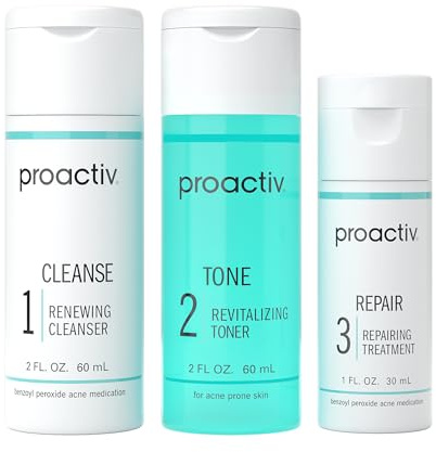 Proactiv 3 Step Acne Treatment - Benzoyl Peroxide Face Wash, Repairing Acne Spot Treatment for Face and Body, Exfoliating Toner - 30 Day Complete Acne Skin Care Kit