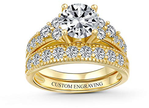 Bling Jewelry Personalisierte 3CT Runde AAA CZ Pave Mantelringe Verlobungsringe Set 14K Gold Vergoldet Sterlingsilber Individuelle Gravur