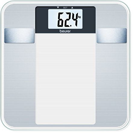 Beurer BG 13 - Báscula de baño diagnóstica de vidrio, cálculo del IMC, vidrio de seguridad, plataforma 30 x 30 cm, números con altura de 3.8 cm, semitransparente, Plata