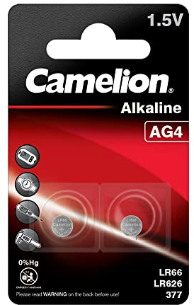 Camelion 12050204 - Pile alcaline a bottone, senza mercurio AG4/LR66/LR626/377 (1,5 V, confezione da 2)