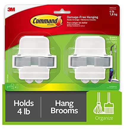 Command Broom and Mop Grippers Wall Hook, Damage Free Hanging Wall Mount Broom and Mop Holder, No Tools Household Cleaning Organizer for Living Spaces, 2 Hangers and 4 Strips (Packing May Vary)