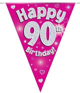 OAKTREE UK 630949 Party Bunting Happy 90th Birthday Pink Holographic 11 Flags 3.9m